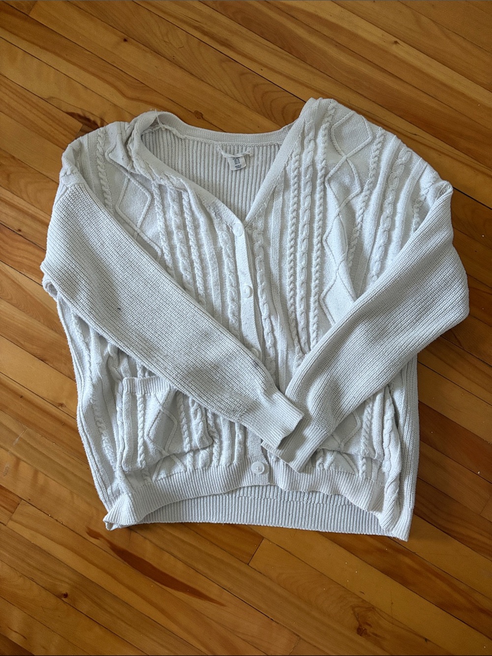 Button-Front Cable Knit Cardigan in White